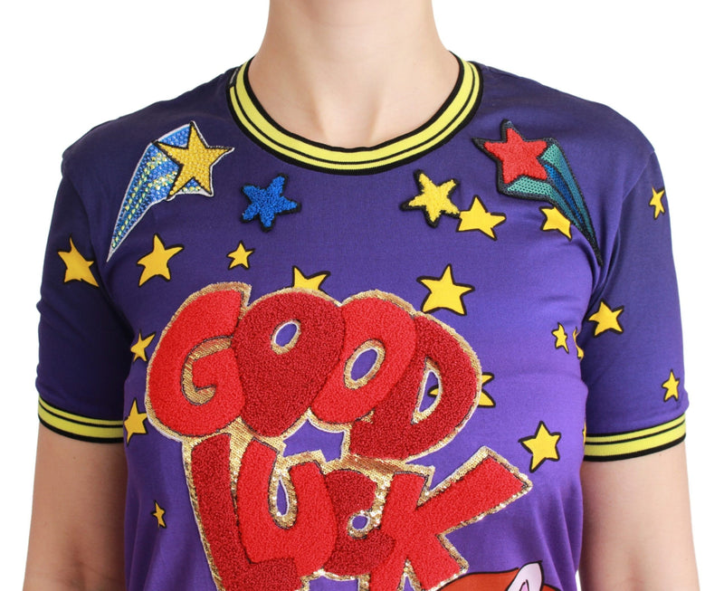 Elegant Crewneck Motive Tee in Purple Dolce & Gabbana