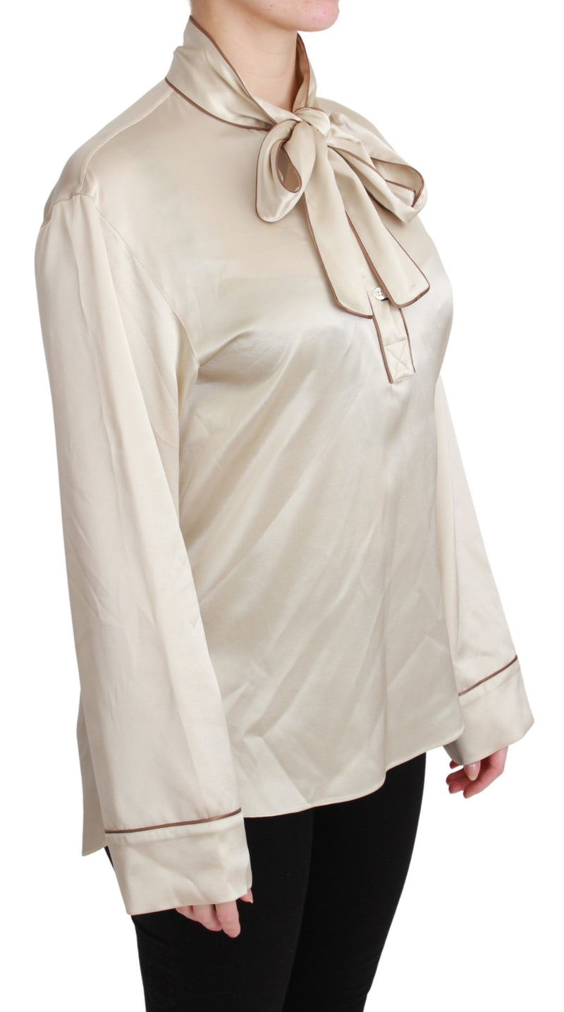 Elegant Beige Silk Satin Blouse with QUEEN Embroidery Dolce & Gabbana