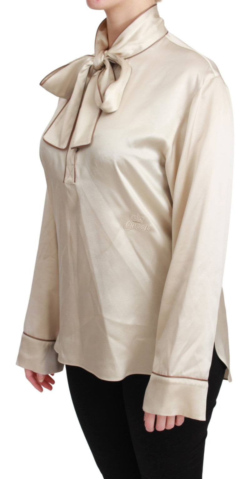 Elegant Beige Silk Satin Blouse with QUEEN Embroidery Dolce & Gabbana