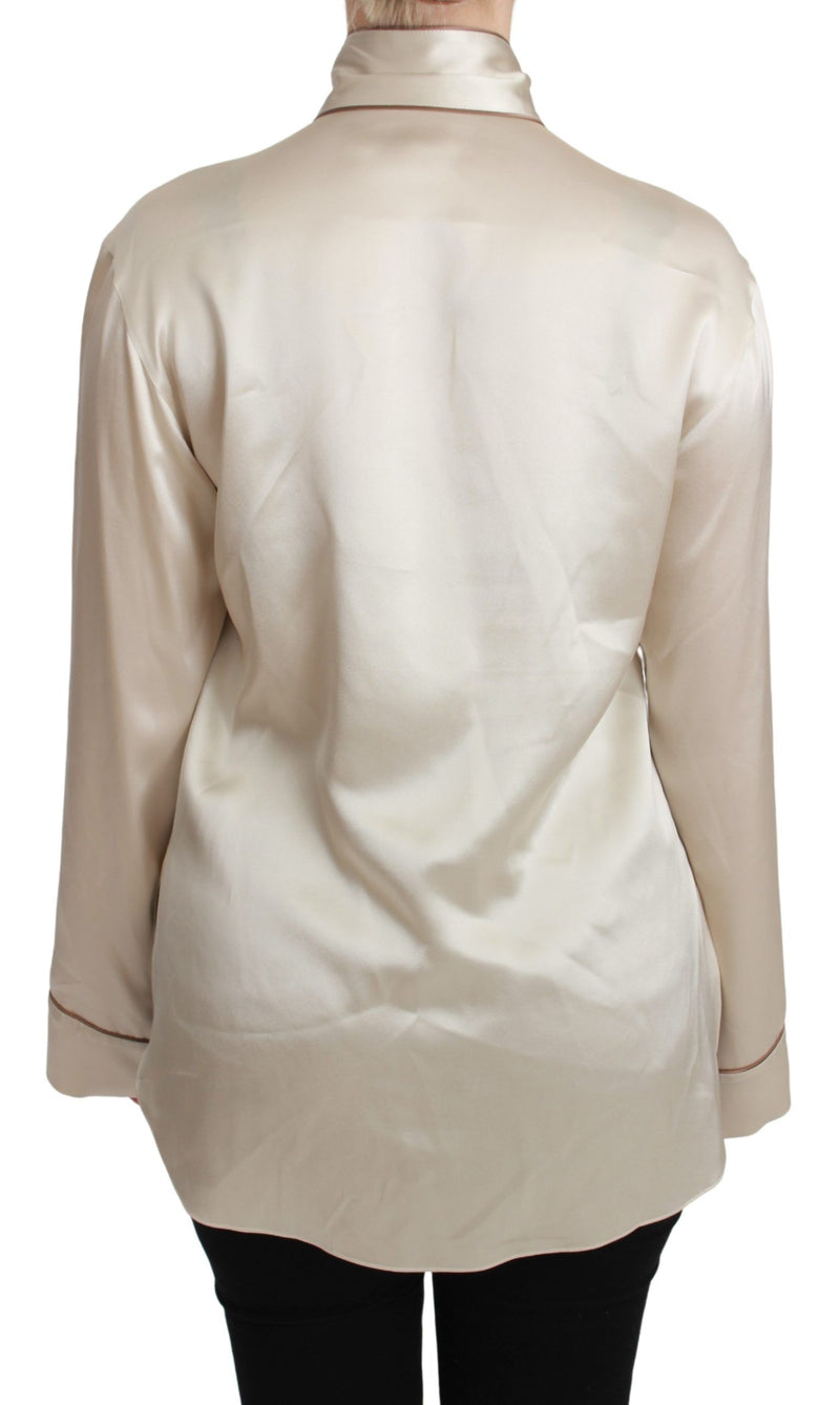 Elegant Beige Silk Satin Blouse with QUEEN Embroidery Dolce & Gabbana