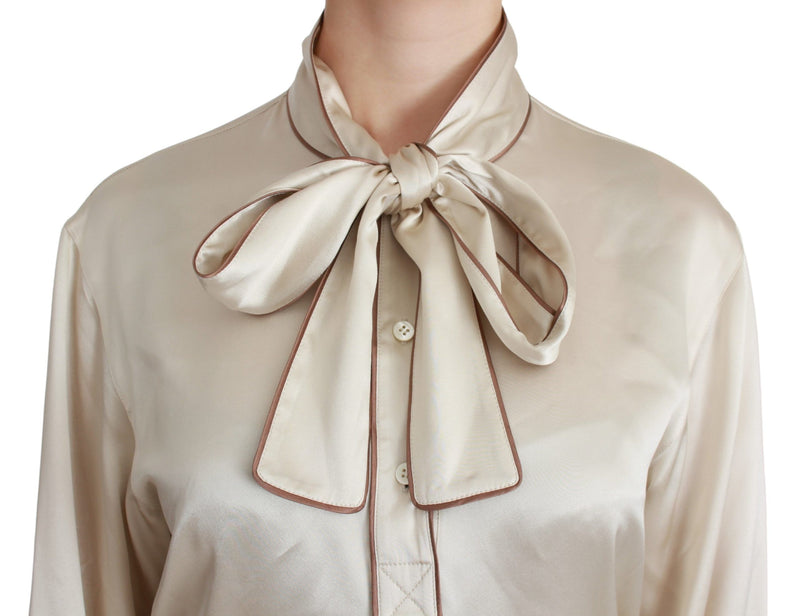 Elegant Beige Silk Satin Blouse with QUEEN Embroidery Dolce & Gabbana