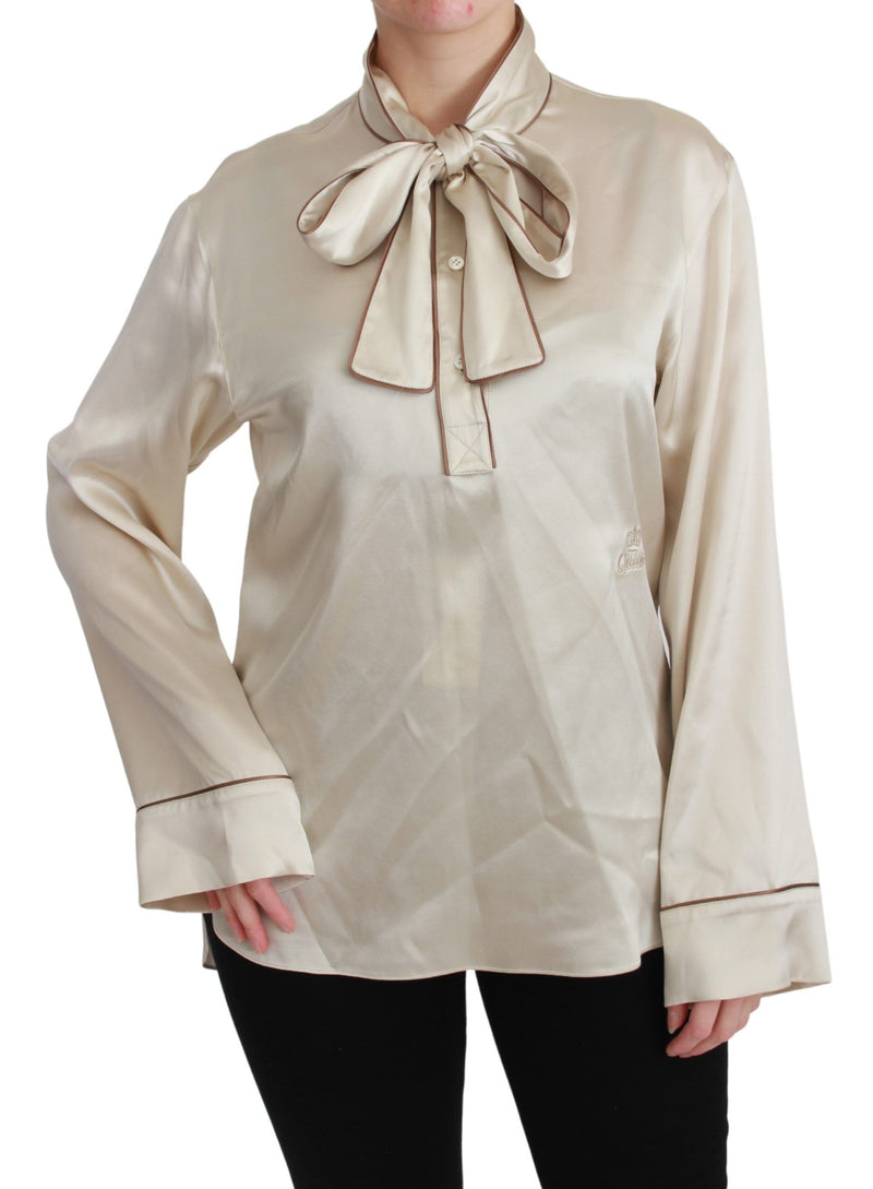 Elegant Beige Silk Satin Blouse with QUEEN Embroidery Dolce & Gabbana