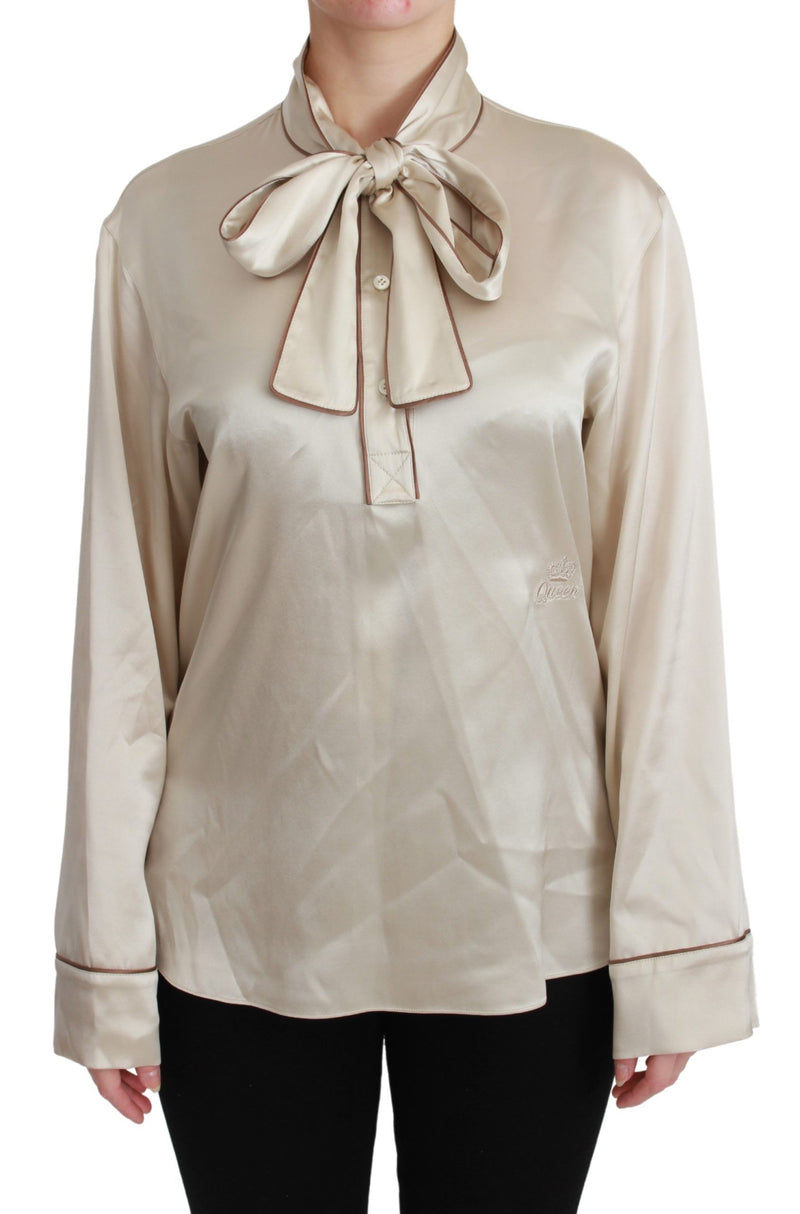 Elegant Beige Silk Satin Blouse with QUEEN Embroidery Dolce & Gabbana