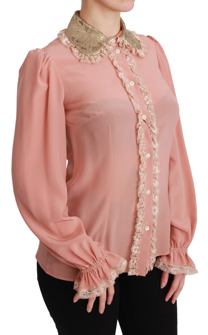 Elegant Pink Lace Silk Blouse with Gold Sequins Dolce & Gabbana