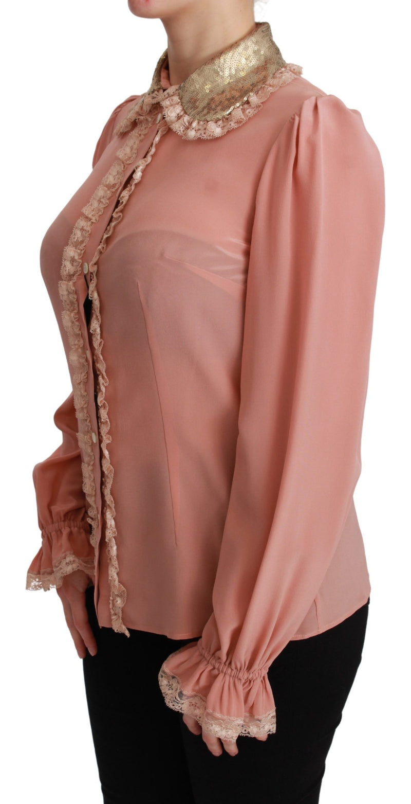 Elegant Pink Lace Silk Blouse with Gold Sequins Dolce & Gabbana