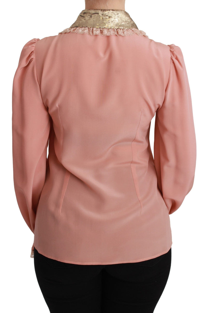 Elegant Pink Lace Silk Blouse with Gold Sequins Dolce & Gabbana