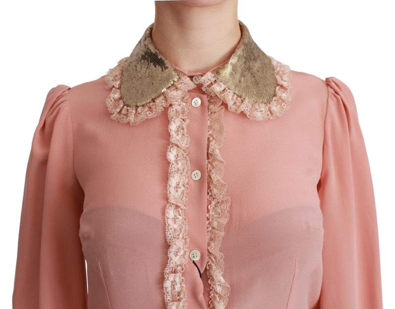 Elegant Pink Lace Silk Blouse with Gold Sequins Dolce & Gabbana