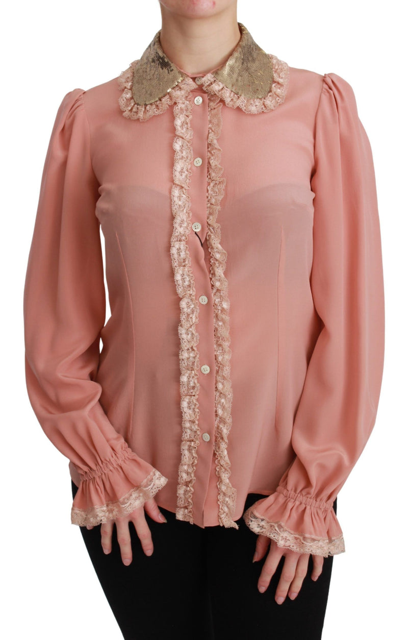 Elegant Pink Lace Silk Blouse with Gold Sequins Dolce & Gabbana