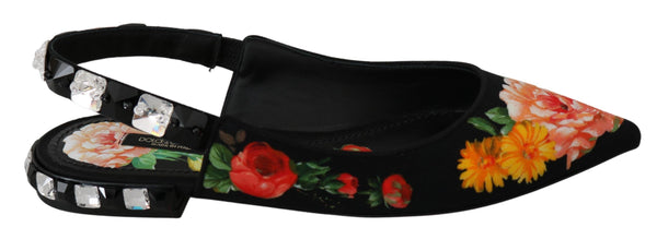 Black Floral Crystal Slingbacks Flats Shoes Dolce & Gabbana