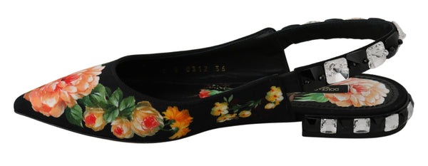 Black Floral Crystal Slingbacks Flats Shoes Dolce & Gabbana