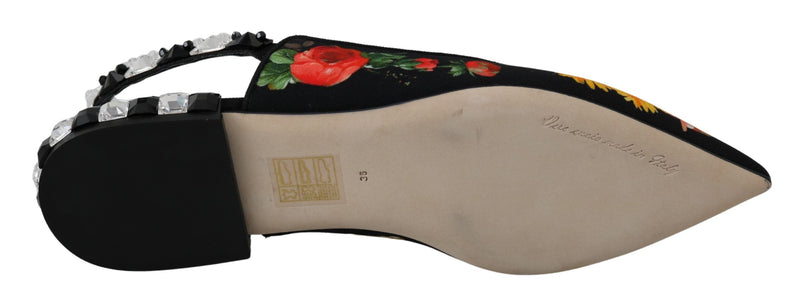 Black Floral Crystal Slingbacks Flats Shoes Dolce & Gabbana