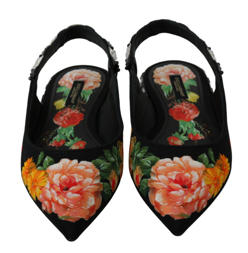 Black Floral Crystal Slingbacks Flats Shoes Dolce & Gabbana