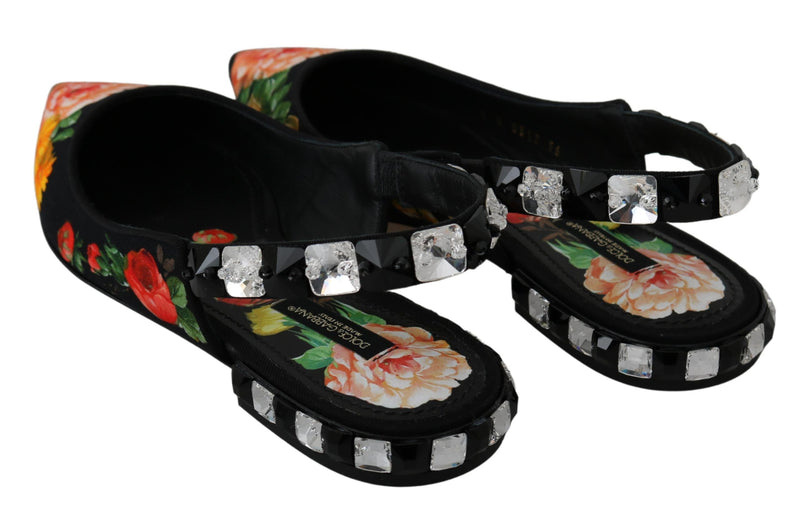 Black Floral Crystal Slingbacks Flats Shoes Dolce & Gabbana