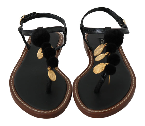 Black Leather Coins Flip Flops Sandals Shoes Dolce & Gabbana