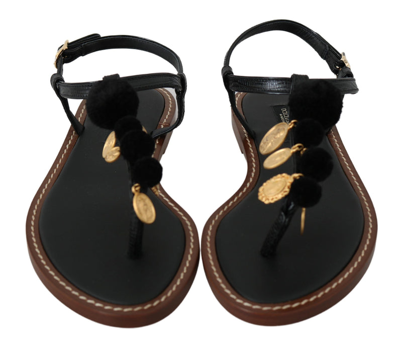 Black Leather Coins Flip Flops Sandals Shoes Dolce & Gabbana