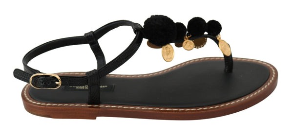 Black Leather Coins Flip Flops Sandals Shoes Dolce & Gabbana