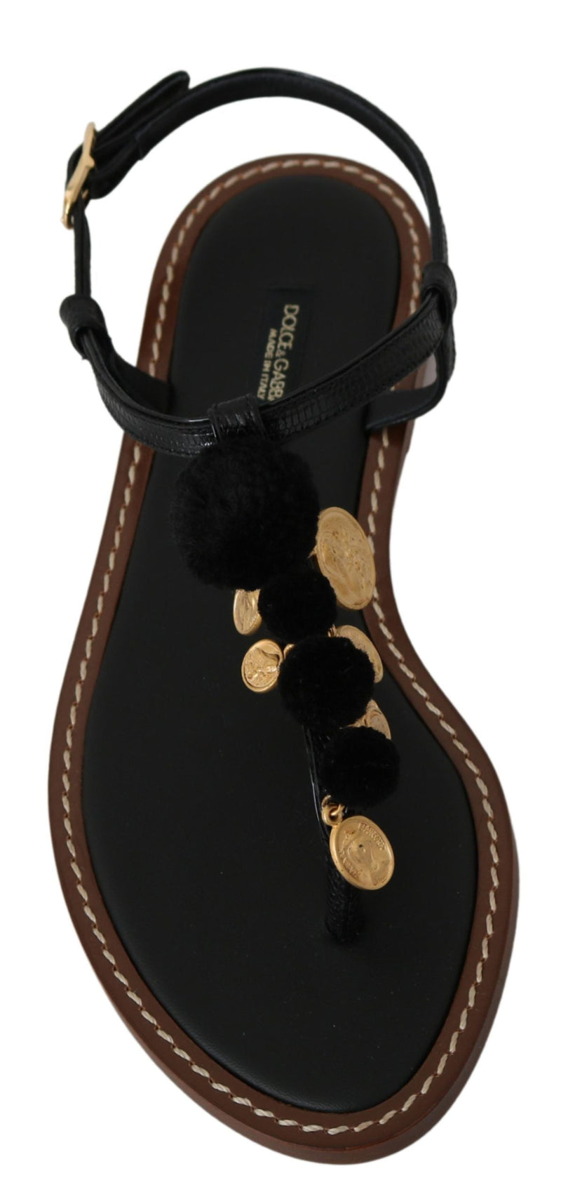Black Leather Coins Flip Flops Sandals Shoes Dolce & Gabbana