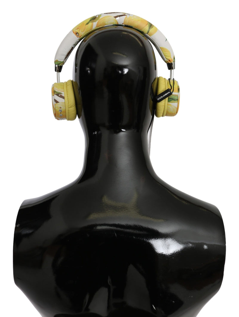 Chic White Leather Headphones with Yellow Print Dolce & Gabbana