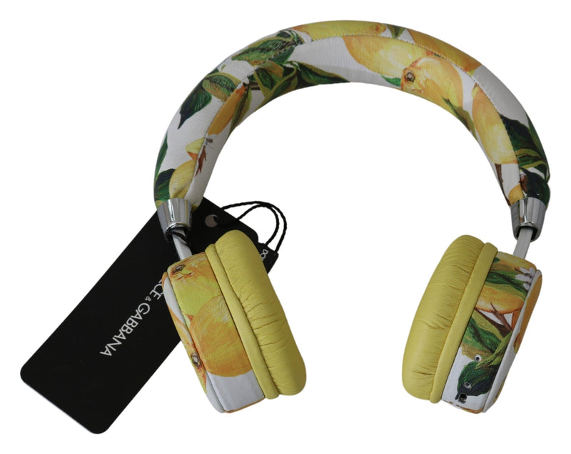 Chic White Leather Headphones with Yellow Print Dolce & Gabbana