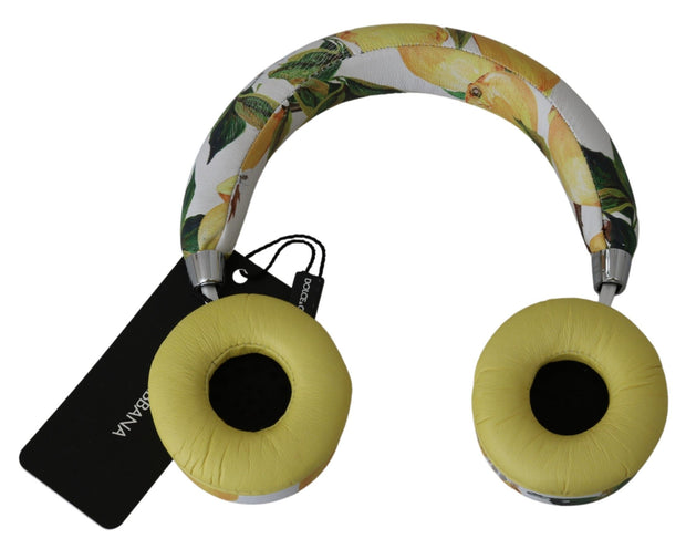 Chic White Leather Headphones with Yellow Print Dolce & Gabbana