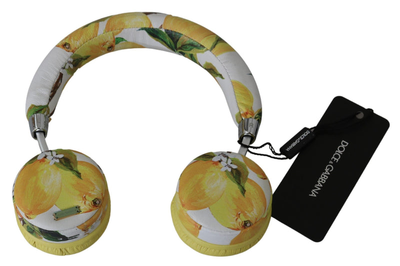 Chic White Leather Headphones with Yellow Print Dolce & Gabbana