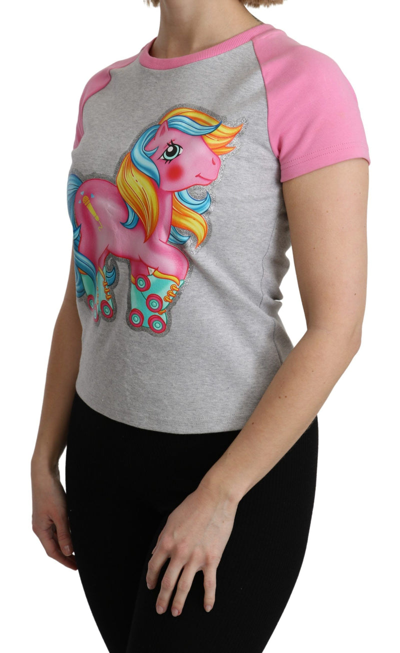 Chic Gray Crew Neck Cotton T-shirt with Pink Accents Moschino