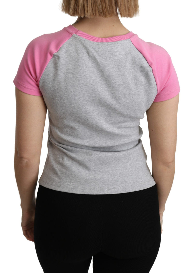 Chic Gray Crew Neck Cotton T-shirt with Pink Accents Moschino