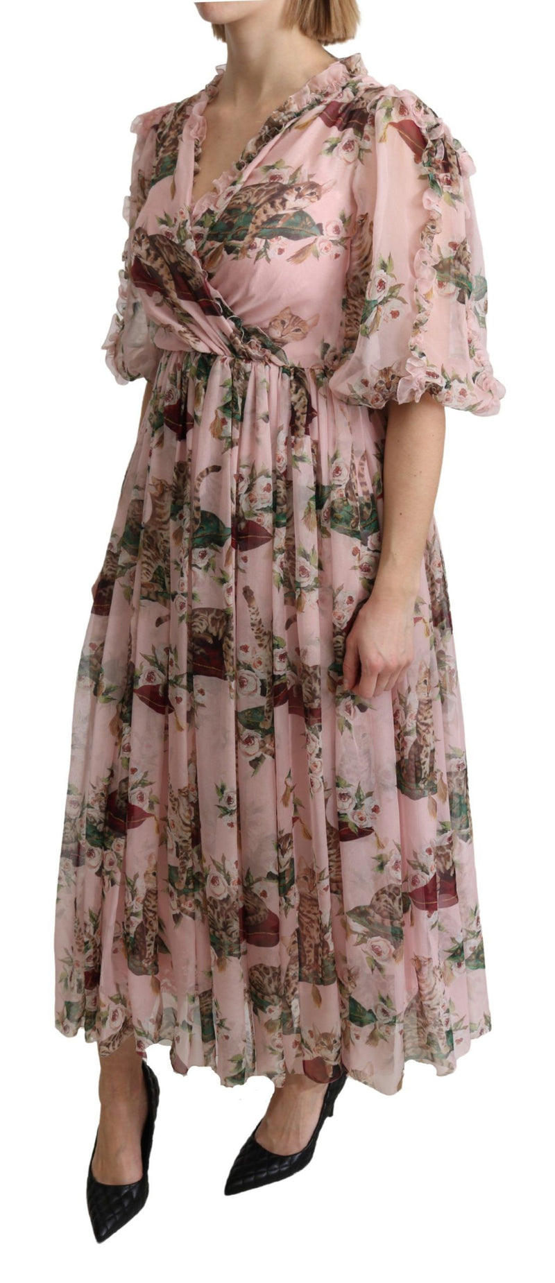 Elegant Pink Bengal Cat Print A-Line Maxi Dress Dolce & Gabbana