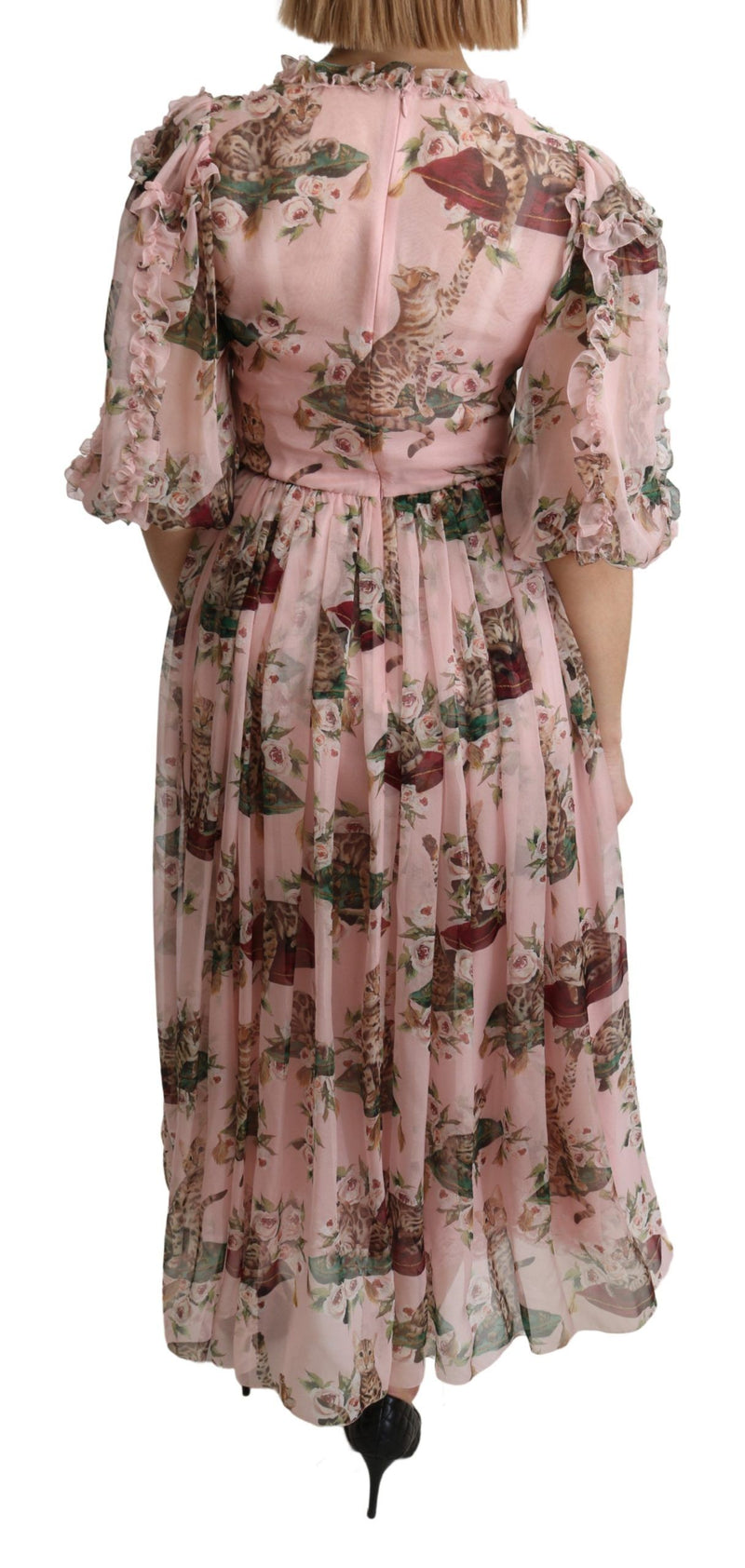 Elegant Pink Bengal Cat Print A-Line Maxi Dress Dolce & Gabbana