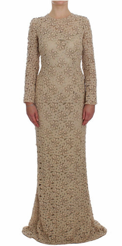 Beige Floral Lace Long Sleeve Maxi Dress Dolce & Gabbana