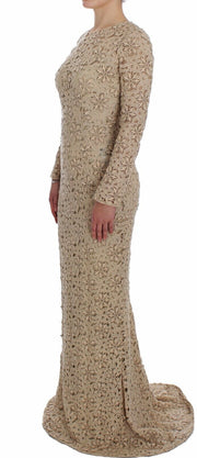 Beige Floral Lace Long Sleeve Maxi Dress Dolce & Gabbana