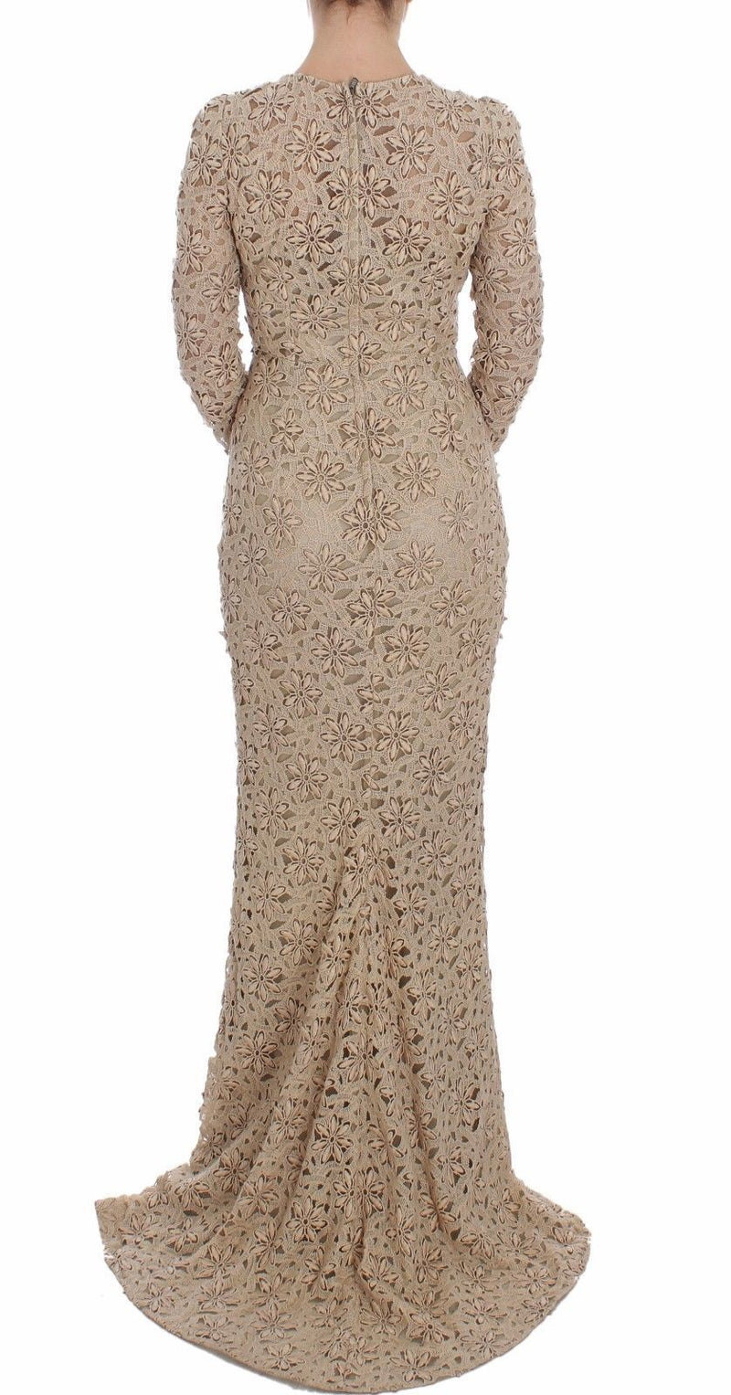 Beige Floral Lace Long Sleeve Maxi Dress Dolce & Gabbana