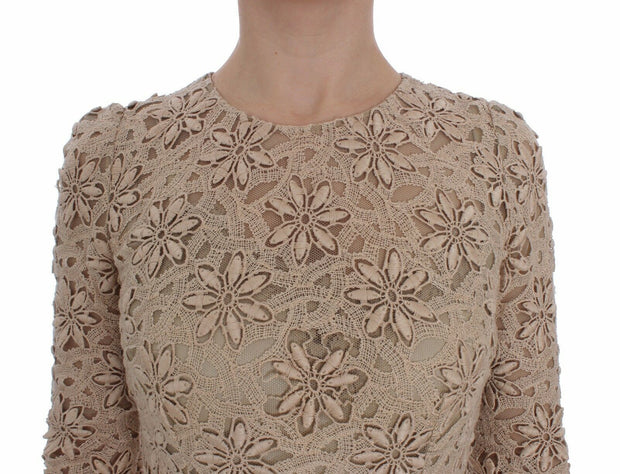 Beige Floral Lace Long Sleeve Maxi Dress Dolce & Gabbana