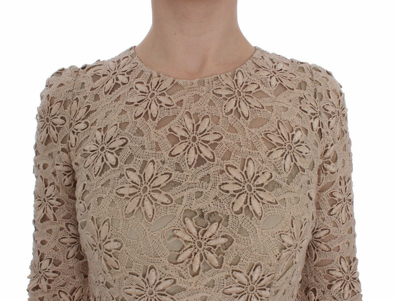 Beige Floral Lace Long Sleeve Maxi Dress Dolce & Gabbana