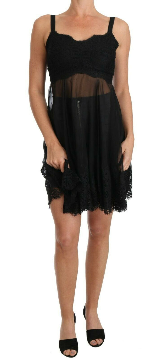 Elegant Black Silk Floral Lace Chemise Dress