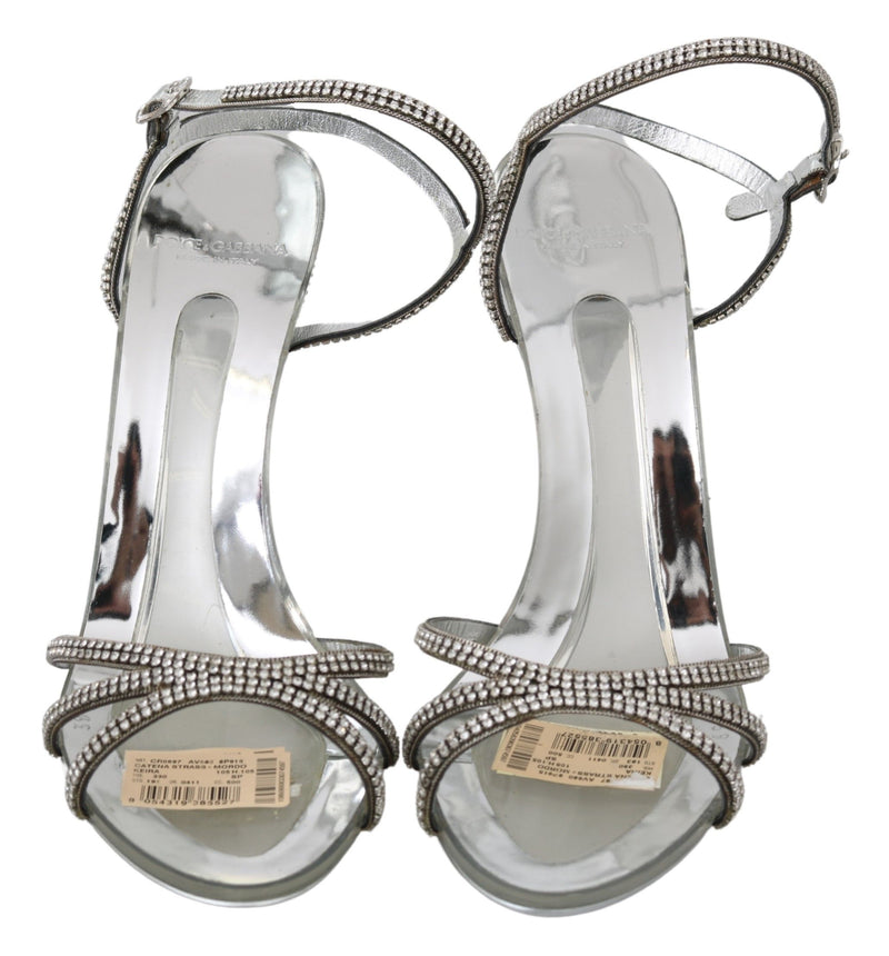 Silver Leather Ankle Strap Sandals with Crystals Dolce & Gabbana