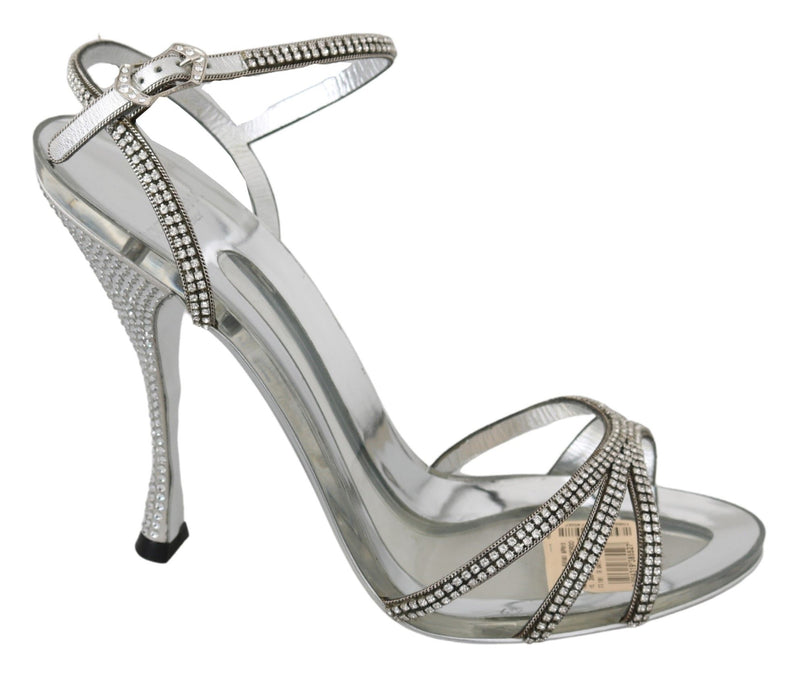 Silver Leather Ankle Strap Sandals with Crystals Dolce & Gabbana