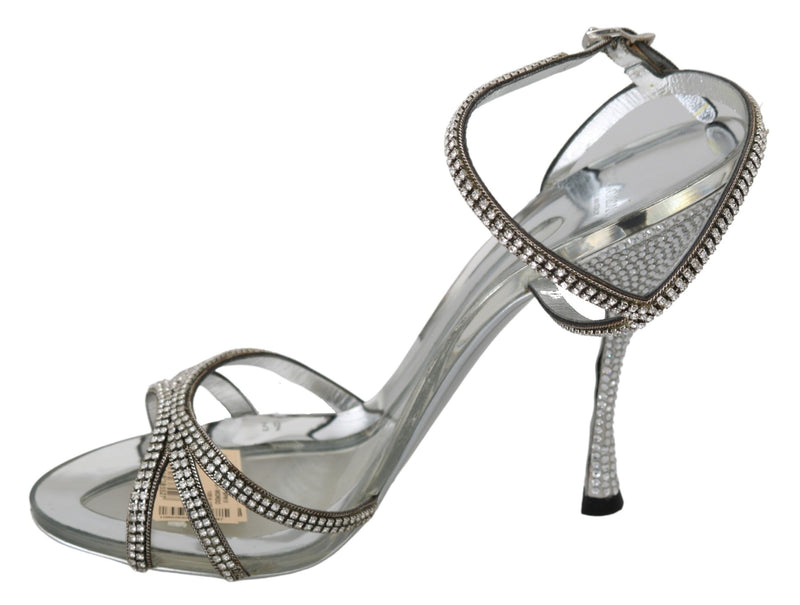 Silver Leather Ankle Strap Sandals with Crystals Dolce & Gabbana