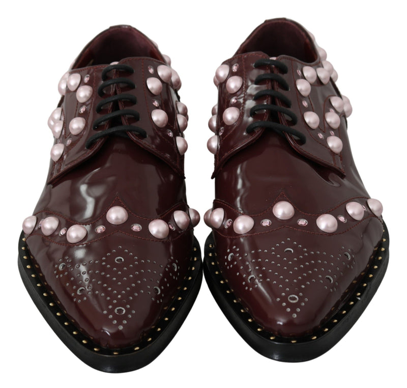 Elegant Bordeaux Lace-Up Flats with Pearls and Crystals Dolce & Gabbana