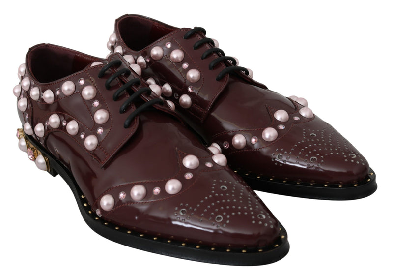 Elegant Bordeaux Lace-Up Flats with Pearls and Crystals Dolce & Gabbana