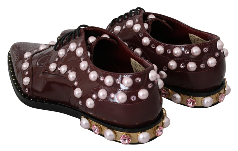 Elegant Bordeaux Lace-Up Flats with Pearls and Crystals Dolce & Gabbana