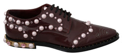 Elegant Bordeaux Lace-Up Flats with Pearls and Crystals Dolce & Gabbana