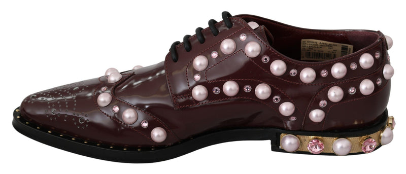 Elegant Bordeaux Lace-Up Flats with Pearls and Crystals Dolce & Gabbana