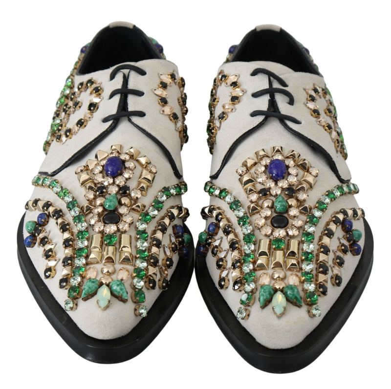 Elegant White Suede Dress Flats with Crystals Dolce & Gabbana