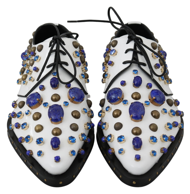 Elegant White Leather Dress Shoes With Crystals Dolce & Gabbana