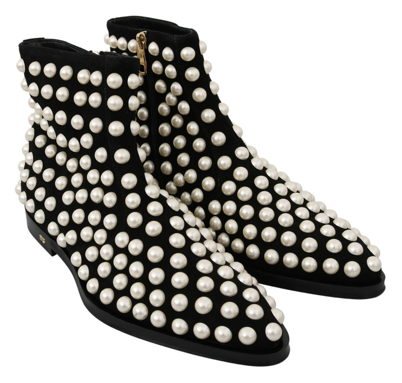 Chic Black Suede Ankle Boots with Pearls Dolce & Gabbana