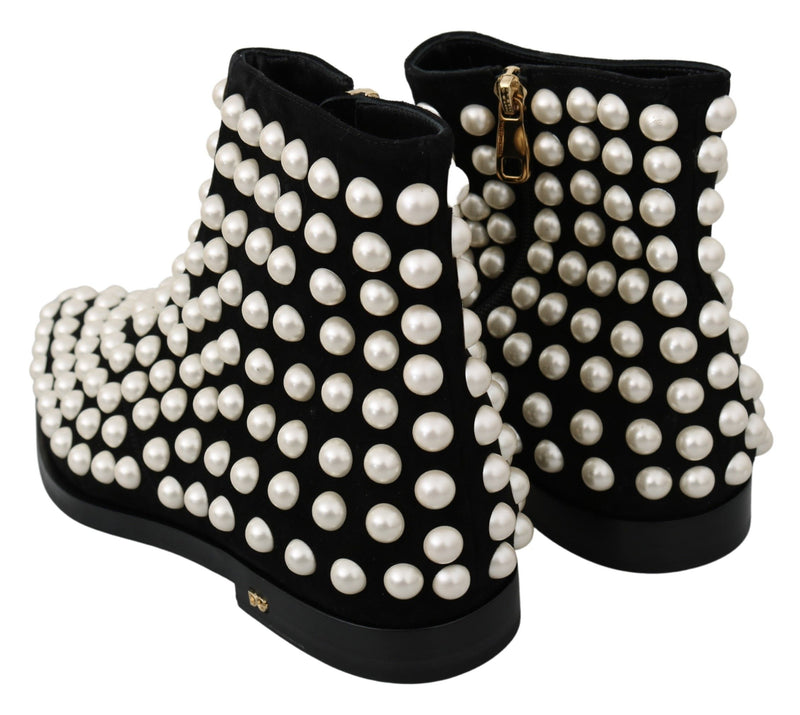 Chic Black Suede Ankle Boots with Pearls Dolce & Gabbana