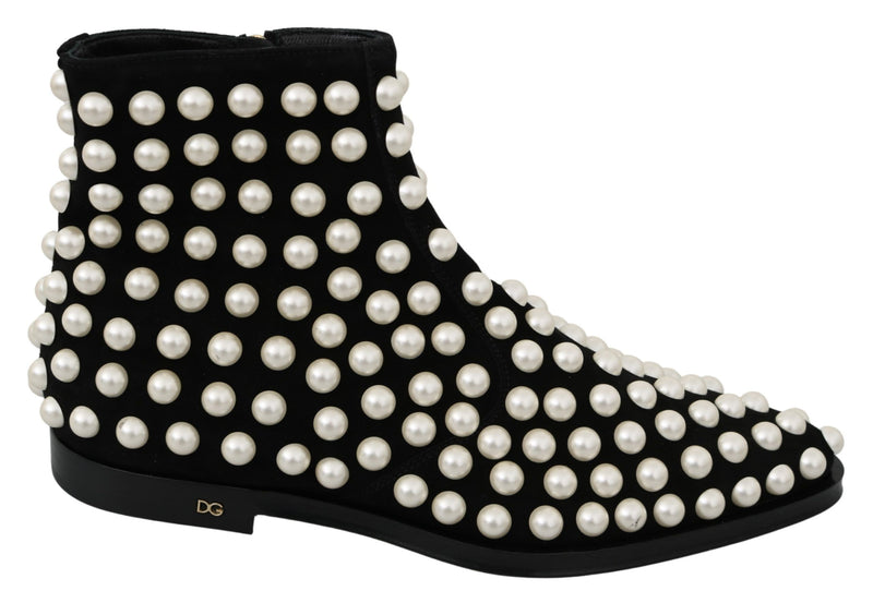 Chic Black Suede Ankle Boots with Pearls Dolce & Gabbana