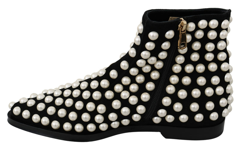 Chic Black Suede Ankle Boots with Pearls Dolce & Gabbana