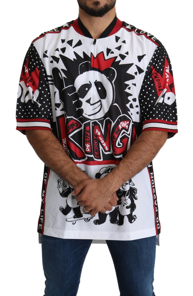 Chic White King Panda Print Zipper Collar Tee Dolce & Gabbana